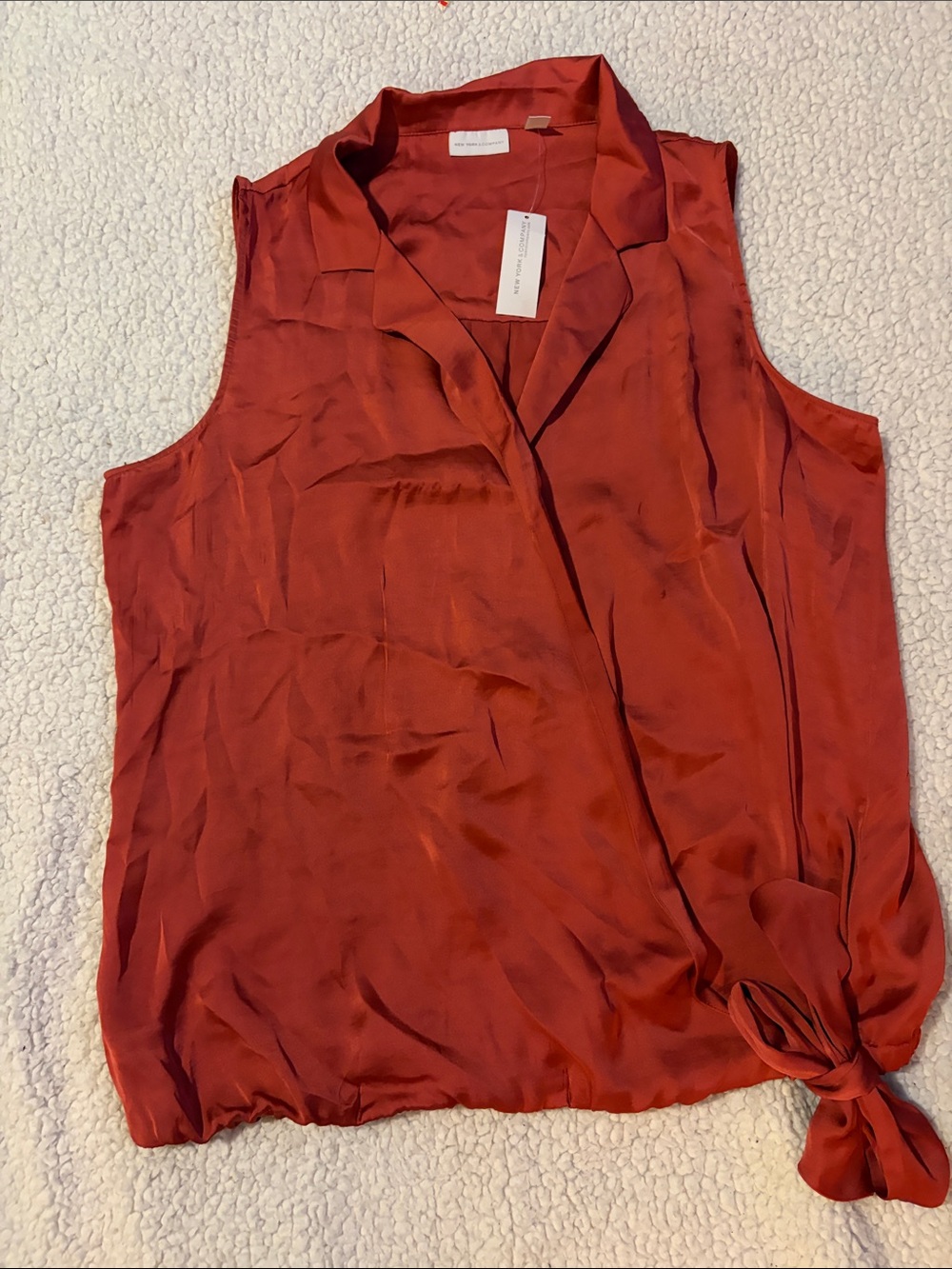 New York & Company Sleeveless Tie-Hem Satin Blouse - Rust Red